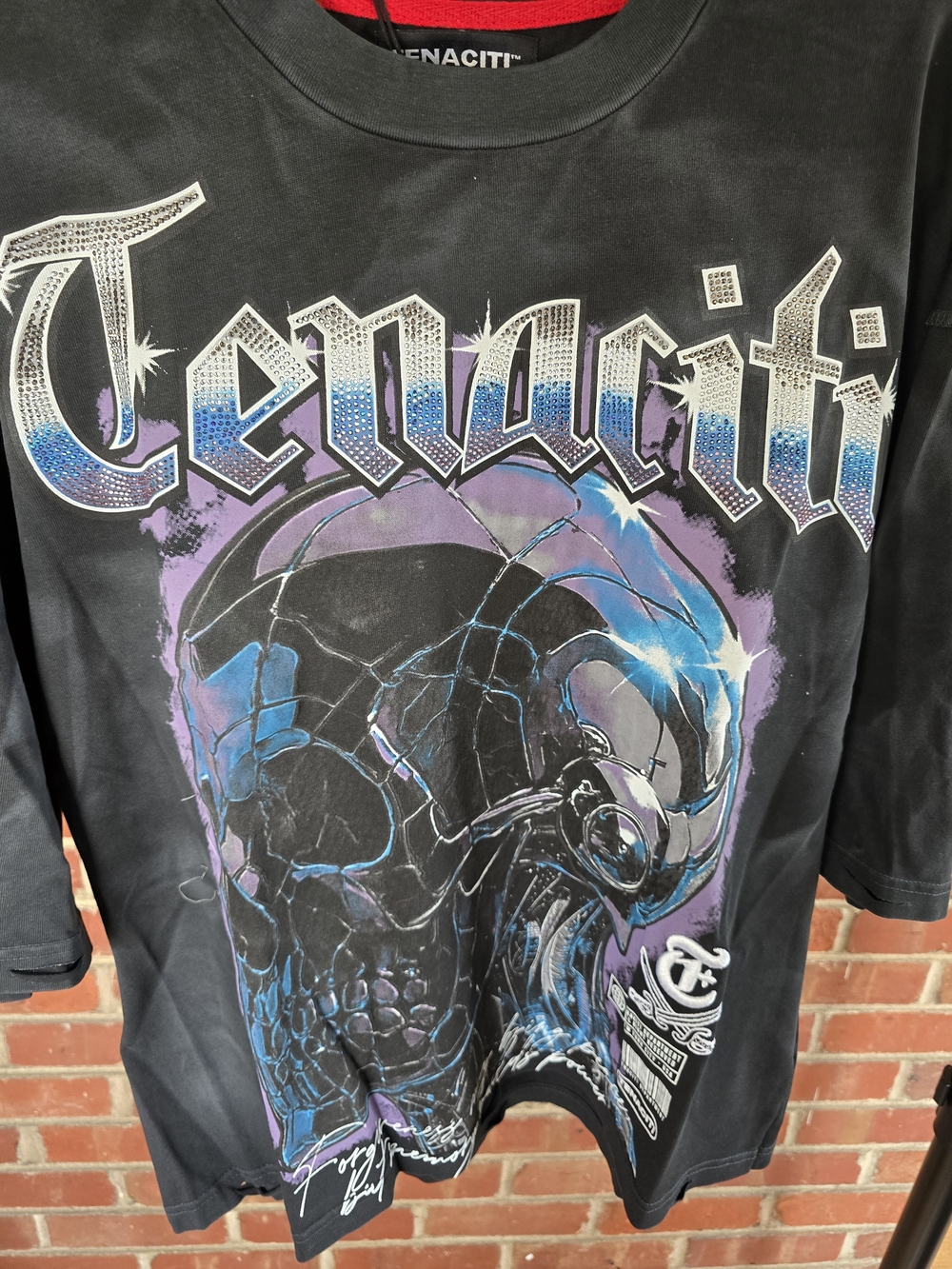 Tenacit Men’s Black Graphic Skull Tee with Blue & Purple Accents